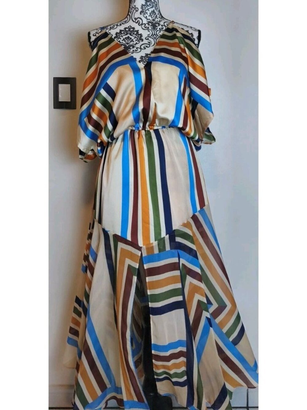 MISA Los Angeles Women's Maxi Dress XS Striped Satin V-Neck Elastic Waist Boho